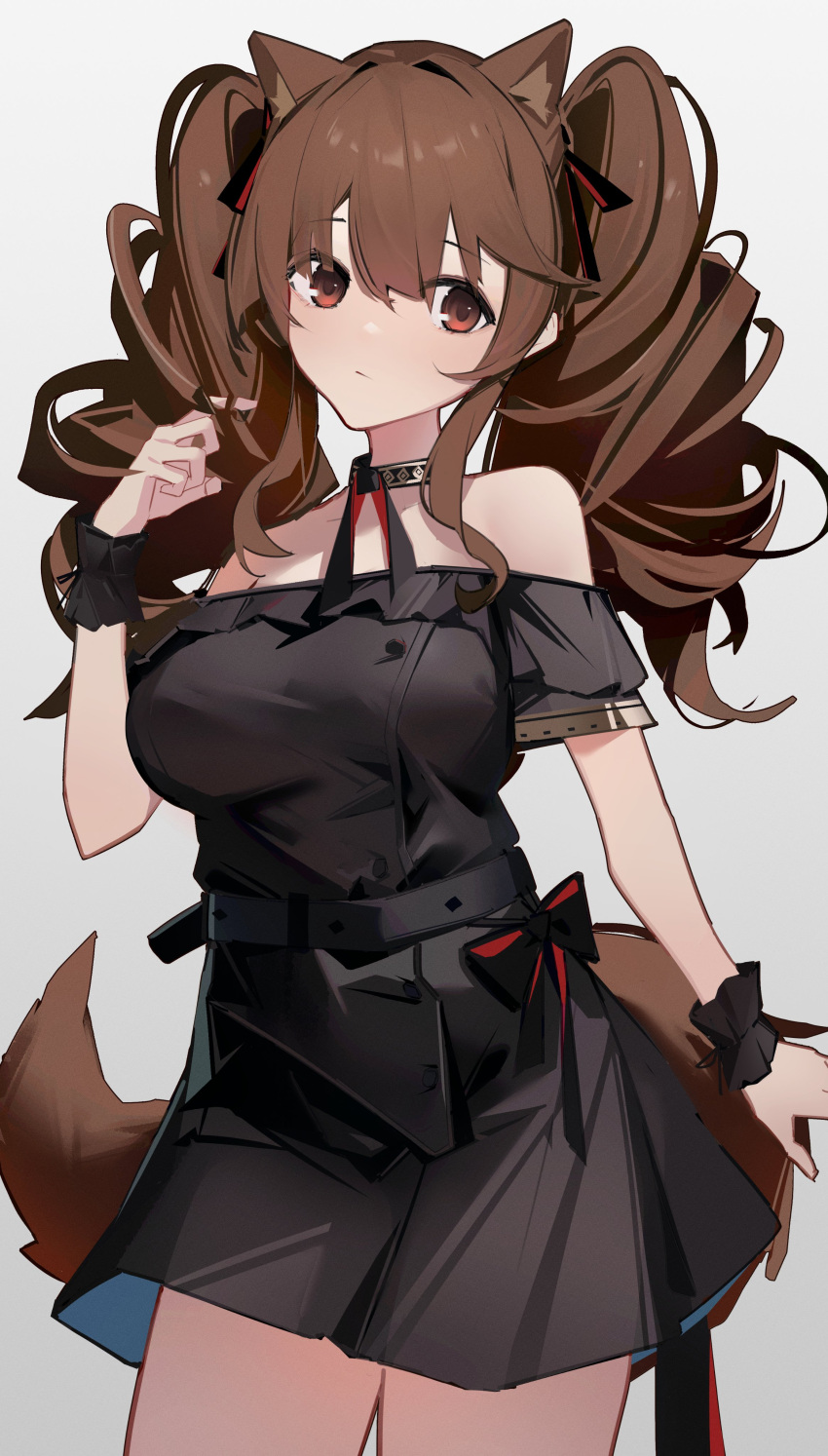 1girl absurdres angelina_(arknights) animal_ears arknights bare_shoulders black_collar black_dress black_ribbon black_wrist_cuffs bow breasts chichi_guai collar commentary dress drill_hair fox_ears fox_girl fox_tail grey_background hair_ribbon head_tilt highres large_breasts looking_at_viewer medium_breasts off-shoulder_dress off_shoulder playing_with_own_hair red_bow red_eyes red_ribbon ribbon sidelocks simple_background solo striped striped_ribbon tail twintails wrist_cuffs