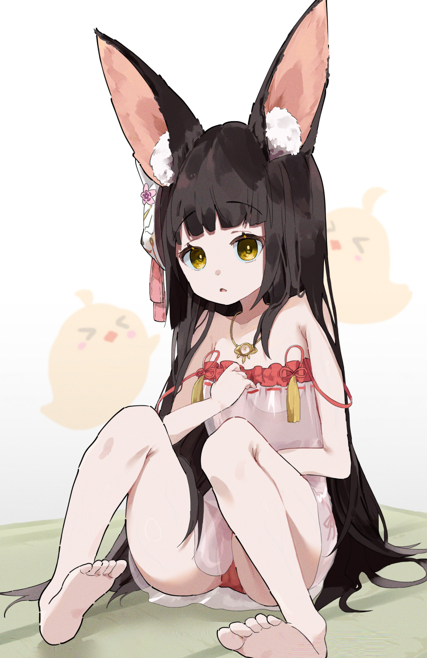1girl absurdres animal_ear_fluff animal_ears azur_lane bare_shoulders barefoot black_hair blunt_bangs breasts camisole commission commissioner_upload double_strap_slip feet fox_ears fox_mask frilled_camisole frills full_body hand_on_own_chest highres jewelry knees_up long_hair manjuu_(azur_lane) mask mask_on_head medium_breasts nagato_(azur_lane) nagato_(great_fox's_respite)_(azur_lane) necklace non-web_source panties parted_lips red_camisole red_panties see-through side-tie_panties sidelocks sitting skeb_commission solo strap_slip tatami toes underwear unitedunti very_long_hair white_background yellow_eyes