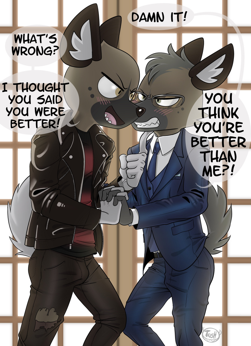 5_fingers absurd_res aggretsuko anthro biped blush blush_lines brother_(lore) brothers_(lore) clothed clothing duo english_text eyebrows eyewear fingers glasses haida_(aggretsuko) hi_res hyena inner_ear_fluff jiro_haida_(aggretsuko) male mammal necktie open_mouth open_smile sanrio sibling_(lore) smile tail text tuft tush