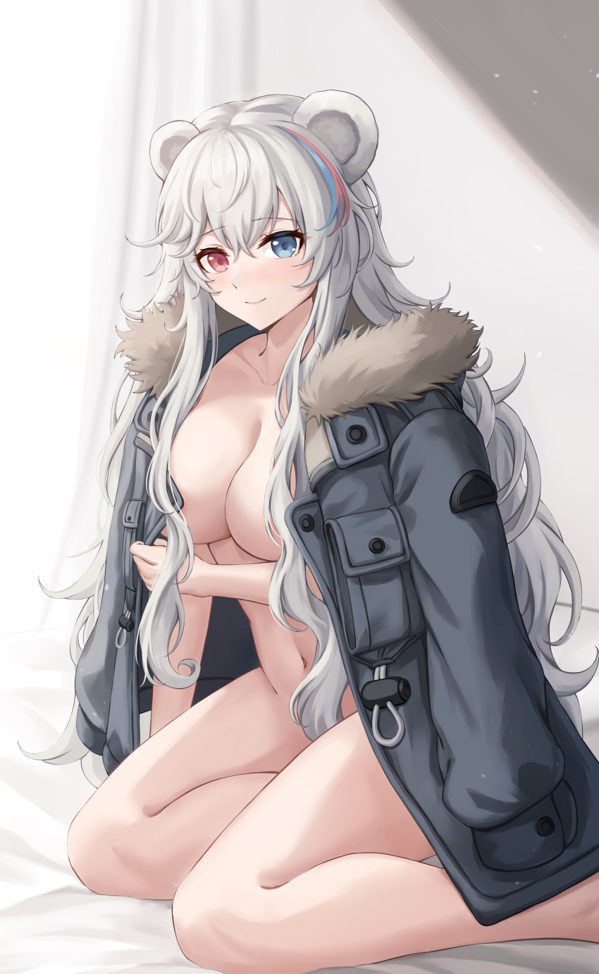 1girl absurdres animal_ears arknights black_jacket blue_eyes blue_hair blush breasts cleavage closed_mouth collarbone commentary daisy_cutter english_commentary fur_trim heterochromia highres jacket jacket_on_shoulders large_breasts long_hair long_sleeves looking_at_viewer multicolored_hair navel open_clothes open_jacket red_eyes red_hair rosa_(arknights) smile solo streaked_hair thighs white_hair