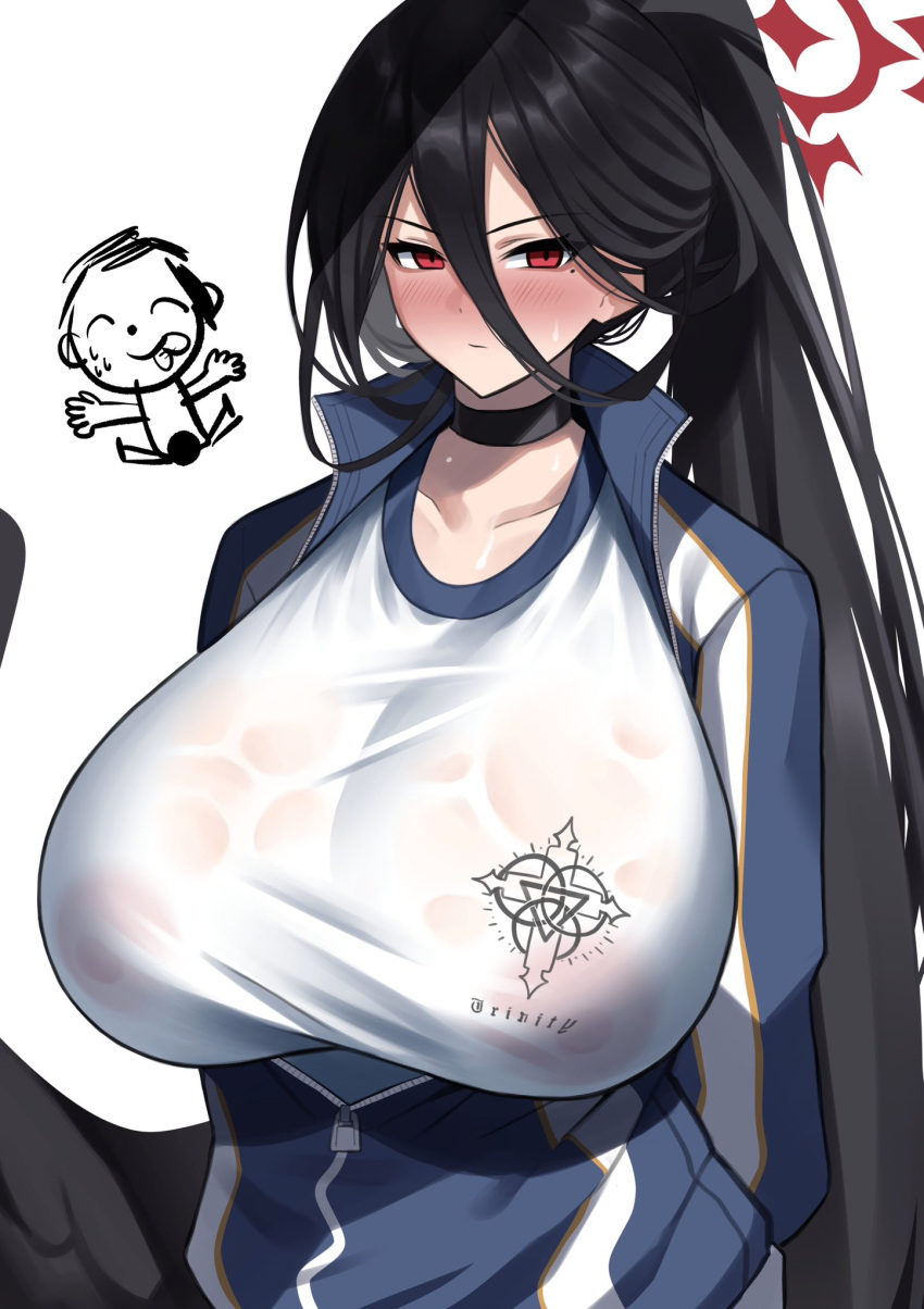 1girl black_bra black_hair blue_archive bra breasts chibi chibi_inset choker collarbone cowboy_shot gym_uniform hair_between_eyes hasumi_(blue_archive) hasumi_(gym_uniform)_(blue_archive) highres imuzi jacket large_breasts long_bangs looking_at_viewer low_wings official_alternate_costume ponytail red_eyes shirt solo_focus track_jacket tying_hair underwear upper_body wet wet_clothes wet_shirt white_background wings