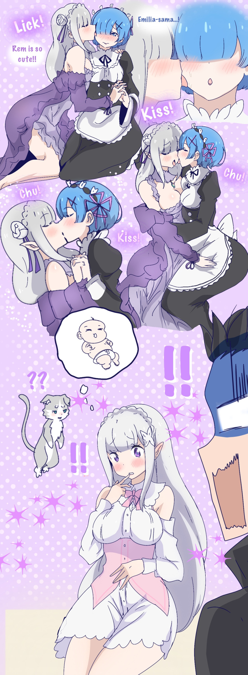 ! !! 1boy 2girls ? ?? absurdres apron baby bare_legs bare_shoulders blue_eyes blue_hair blush braid breasts cleavage detached_sleeves dress elf emilia_(re:zero) english_text grey_hair hair_over_one_eye hair_ribbon highres holding_hands kiss large_breasts licking licking_another's_face long_hair maid maid_apron multicolored_background multiple_girls multiple_views natsuki_subaru open_mouth pointy_ears polka_dot polka_dot_background puck_(re:zero) purple_dress purple_eyes re:zero_kara_hajimeru_isekai_seikatsu rem_(re:zero) ribbon short_hair side_slit surprised tatigami thighs thought_bubble white_dress yuri