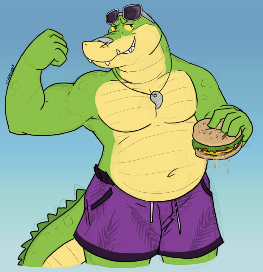 2023 alligator alligatorid anthro belly bottomwear brok_(character) brok_the_investigator burger clothing crocodilian eyewear eyewear_on_head food hi_res humanoid_hands male purple_clothing purple_swimming_trunks purple_swimwear reptile scalie simple_background slightly_chubby solo sunglasses sunglasses_on_head swimming_trunks swimwear unsafescapewolf