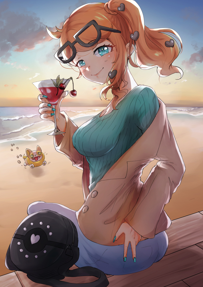 1girl absurdres alcohol aqua_eyes aqua_nails aqua_shirt ass beach blue_pants blush breasts brown_coat cleavage coat cocktail_glass cup dog drinking_glass eyewear_on_head glass hair_ornament half-closed_eyes hand_on_own_hip heart heart_hair_ornament highres orange_hair pants pokemon pokemon_(creature) pokemon_(game) pokemon_swsh ribbed_shirt ruinu shirt side_ponytail sonia_(pokemon) yamper