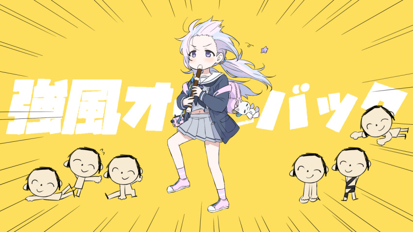 1girl arona's_sensei_doodle_(blue_archive) backpack bag black_neckerchief blue_archive blue_hair chibi chibi_inset floating_hair forehead full_body instrument inu_(aerodog) kyoufuu_all_back_(vocaloid) light_blue_hair midriff_peek multicolored_hair music navel neckerchief parody pink_hair playing_instrument pleated_skirt recorder reisa_(blue_archive) school_uniform sensei_(blue_archive) serafuku skirt streaked_hair style_parody twintails walking wind