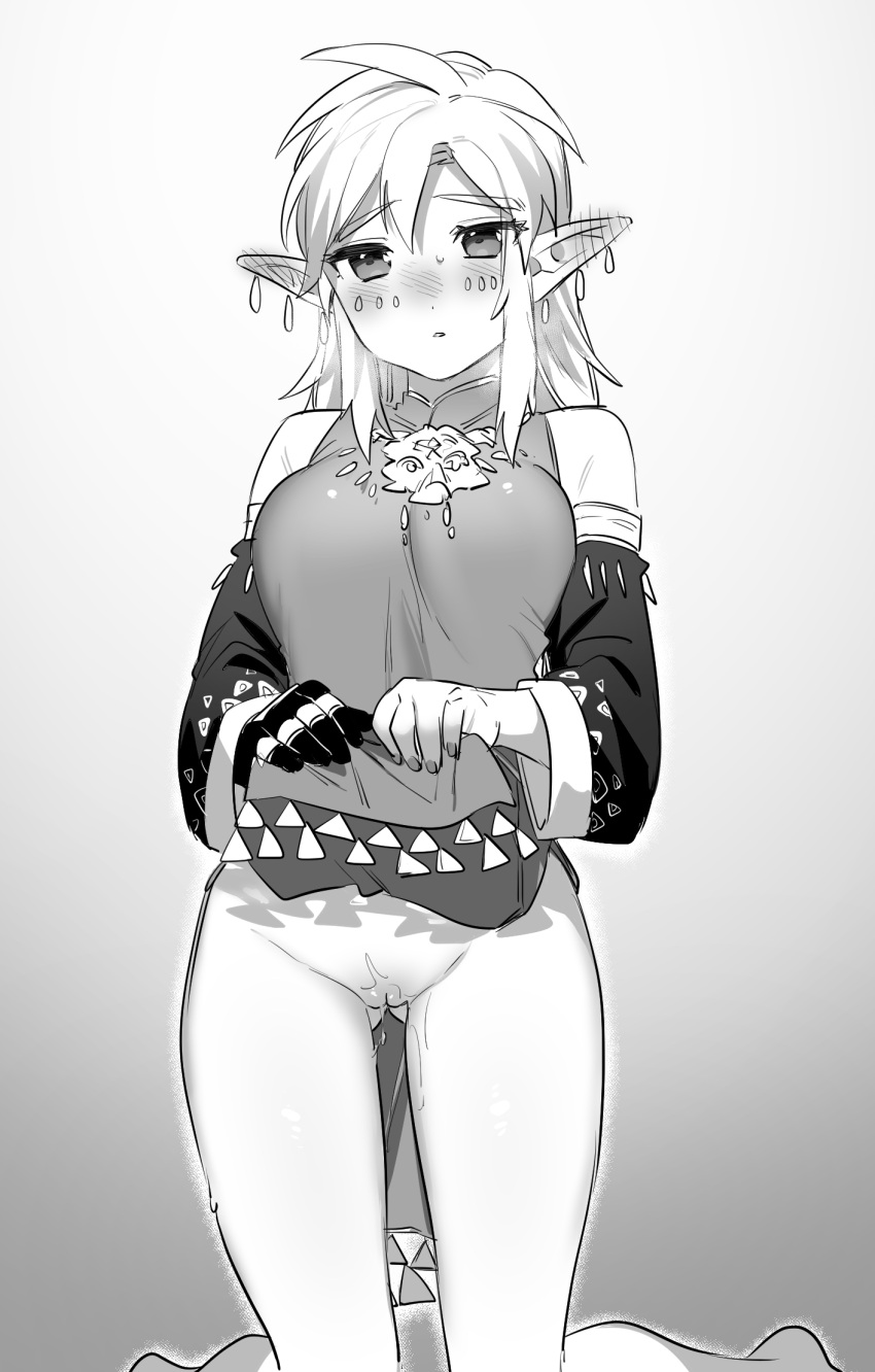 1girl ass_visible_through_thighs bare_shoulders blush breasts colored_skin detached_sleeves earrings genderswap genderswap_(mtf) gradient_background grey_background greyscale hair_between_eyes highres jewelry kneeling large_breasts link long_hair long_sleeves monochrome pointy_ears pussy ring solo the_legend_of_zelda the_legend_of_zelda:_tears_of_the_kingdom ttanuu. wet