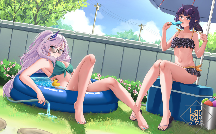 alternate_breast_size barefoot bikini blue_eyes blunt_bangs braid braided_bangs breasts feather_hair_ornament feathers grey_hair hair_ornament highres hololive hololive_english hololive_indonesia landacdeus large_breasts long_hair looking_at_viewer multicolored_hair multiple_girls nail_polish navel ninomae_ina'nis open_mouth pavolia_reine pedicure pointy_ears short_hair smile summer swimsuit toenail_polish toenails virtual_youtuber