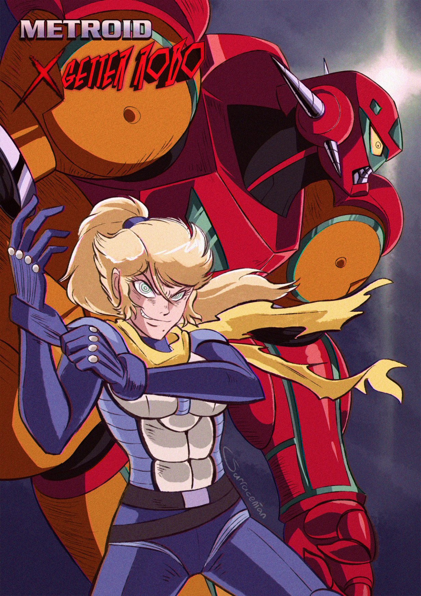 belt black_belt blonde_hair bodysuit crossover drill drill_hair evil_smile fusion getter_robo glove_pull green_eyes highres mecha mechanization metroid mole mole_under_mouth multiple_belts orange_armor pilot_suit ponytail power_suit red_armor reverse_trap robot samus_aran sarracenian scarf shin_getter-1 smile smirk torn_clothes torn_scarf yellow_scarf zero_suit