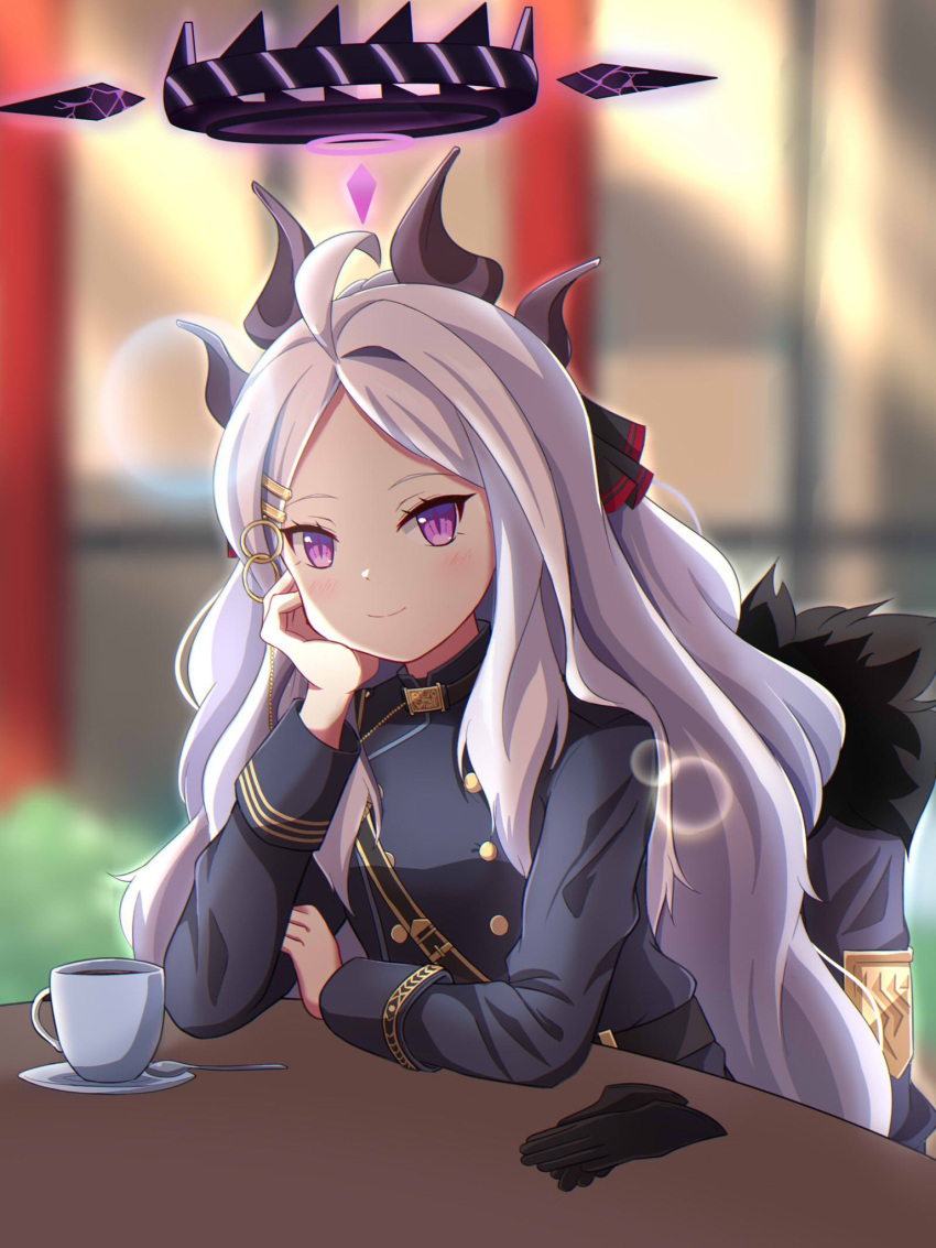 1girl ahoge arm_support belt black_coat black_gloves blue_archive blurry cafe coat coat_removed coffee coffee_mug commentary_request cup demon_girl demon_horns depth_of_field forehead fur-trimmed_coat fur_trim gloves hair_ornament hair_ribbon hairclip halo head_rest highres hina_(blue_archive) horns indoors leaning_forward long_hair long_sleeves looking_at_viewer military_uniform mug parted_bangs ponytail purple_eyes red_gloves ribbon sam_browne_belt sidelocks solo table uniform wavy_hair white_hair window yukimi_unagi