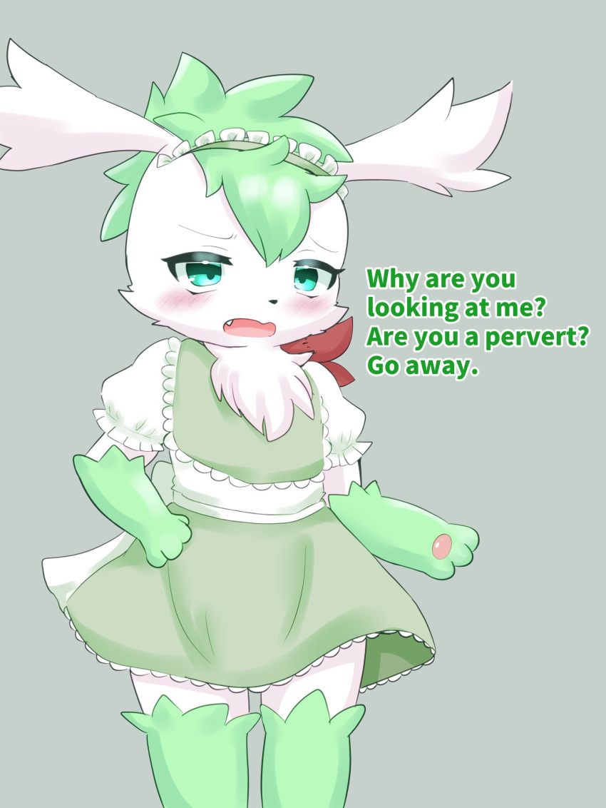 2023 anthro black_nose blue_eyes chest_tuft clothing dialogue embarrassed fangs fur generation_4_pokemon green_background green_body green_fur green_hair hair hi_res legendary_pokemon looking_at_viewer maid_apron maid_headdress maid_uniform male nintendo open_mouth pawpads paws pokemon pokemon_(species) puniwanko shaymin simple_background sky_forme_shaymin solo teeth tongue tuft uniform white_body white_fur