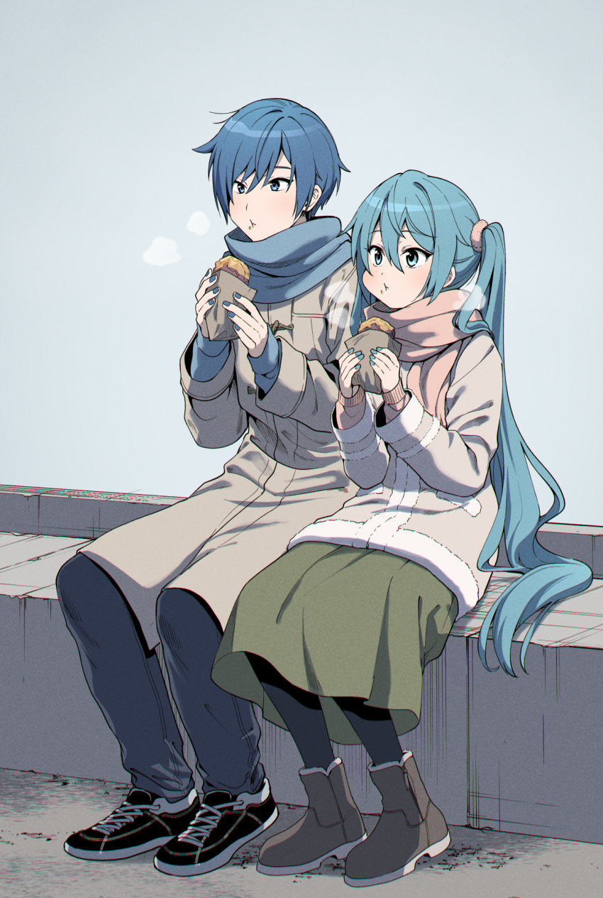 1boy 1girl aqua_eyes aqua_hair blue_eyes blue_hair blue_scarf coat eating food grey_background hatsune_miku highres holding holding_food kaito_(vocaloid) long_coat long_hair long_skirt looking_ahead nail_polish on_wall pink_scarf scarf sentea short_hair sitting skirt steam twintails very_long_hair vocaloid winter_clothes winter_coat