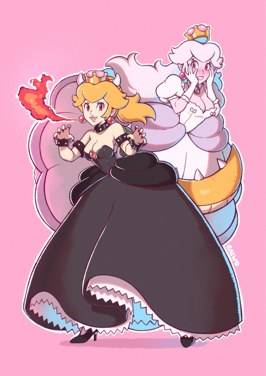 2girls armlet bare_shoulders black_choker black_dress black_footwear blonde_hair blush bowsette bracelet breasts choker cleavage dress earrings elbow_gloves fire full_body gloves high_heels highres horns jewelry long_hair looking_at_viewer mario_(series) multiple_girls new_super_mario_bros._u_deluxe pink_background ponytail princess_king_boo red_eyes saiwo_(saiwoproject) simple_background sphere_earrings spiked_armlet spiked_bracelet spiked_choker spikes super_crown white_dress white_gloves white_hair