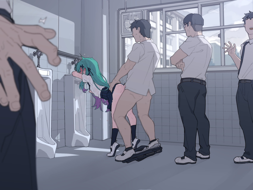 1girl 4boys ass bangs bent_over blue_skirt blush braid breasts butterfly_hair_ornament collared_shirt gradient_hair green_hair hair_ornament hetero highres hololive kakure_eria long_hair multicolored_hair multiple_boys open_clothes open_shirt pleated_skirt purple_hair restroom sex sex_from_behind shirt short_sleeves skirt small_breasts thighs urinal uruha_rushia virtual_youtuber window