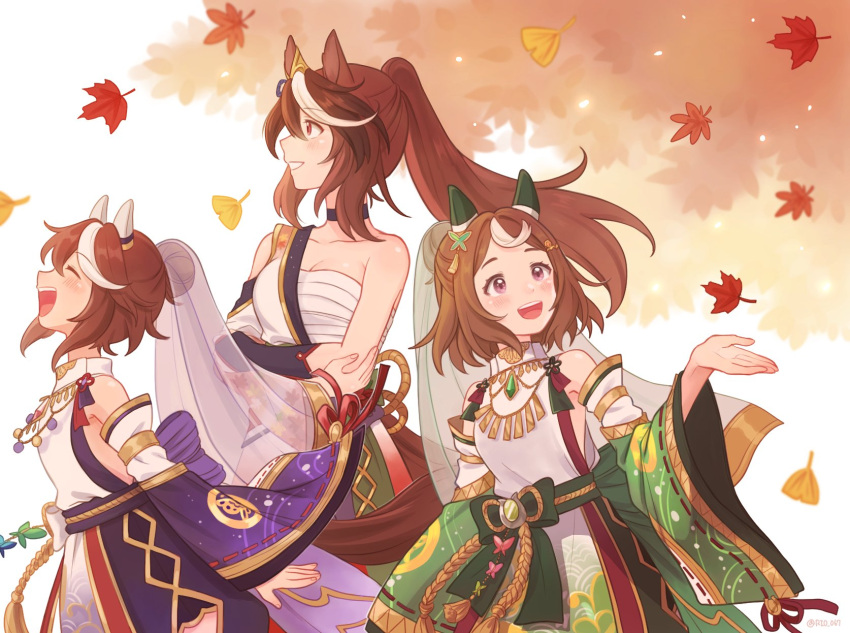 3girls animal_ears bare_shoulders chest_sarashi closed_eyes commentary_request detached_sleeves ear_covers falling_leaves hair_between_eyes highres horse_ears horse_girl horse_tail japanese_clothes kimono leaf long_sleeves multicolored_hair multiple_girls official_alternate_costume official_alternate_hairstyle open_mouth purple_eyes rio_(rio_067) sarashi streaked_hair symboli_rudolf_(archer_of_the_white_moon)_(umamusume) symboli_rudolf_(umamusume) tail tokai_teio_(dreaming_of_purple_clouds)_(umamusume) tokai_teio_(umamusume) tsurumaru_tsuyoshi_(a_smile_sent_from_heaven)_(umamusume) tsurumaru_tsuyoshi_(umamusume) umamusume white_hair white_kimono