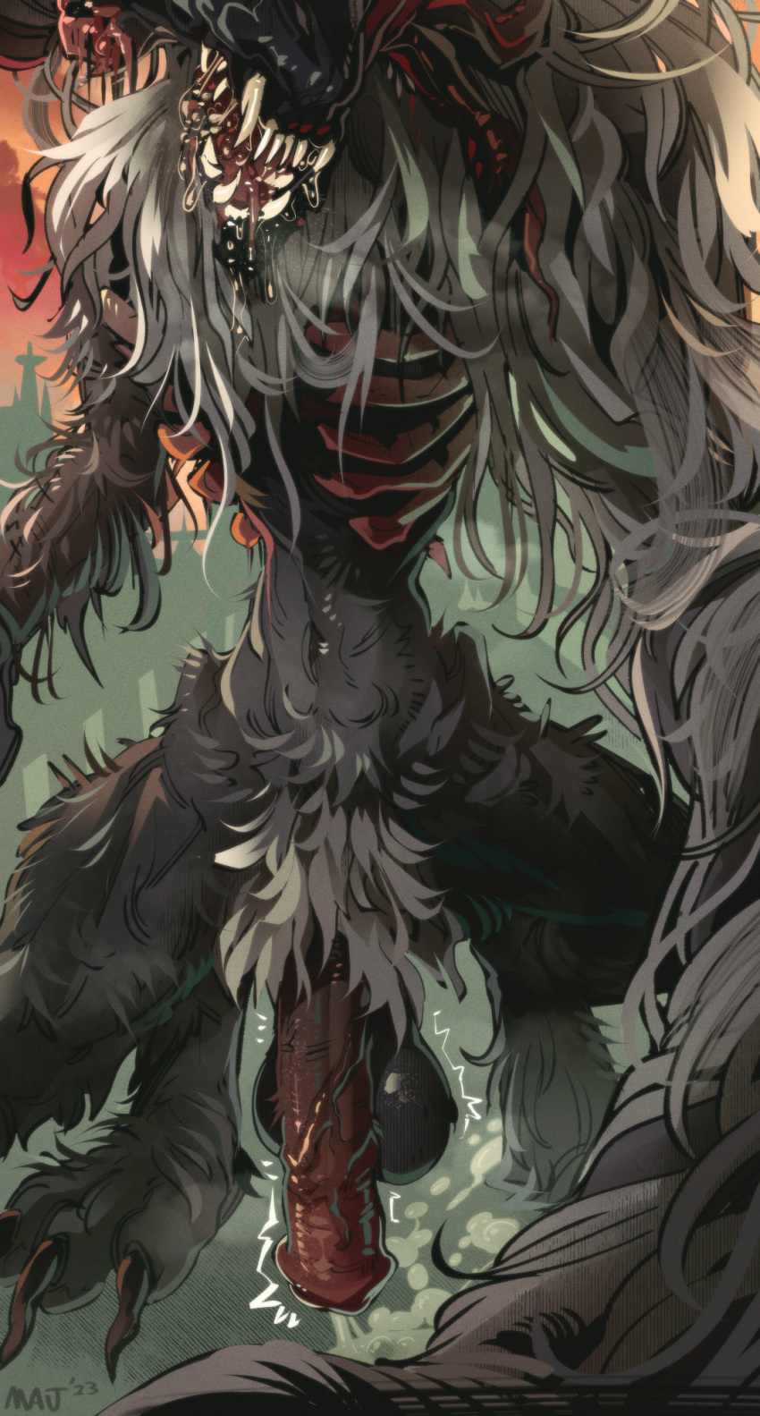 2023 balls bloodborne bodily_fluids claws cleric_beast_(bloodborne) colored digital_drawing_(artwork) digital_media_(artwork) digitigrade drooling fromsoftware fur genitals hi_res holding_viewer majmajor male navel ribs saliva sharp_teeth solo sony_corporation sony_interactive_entertainment teeth toe_claws