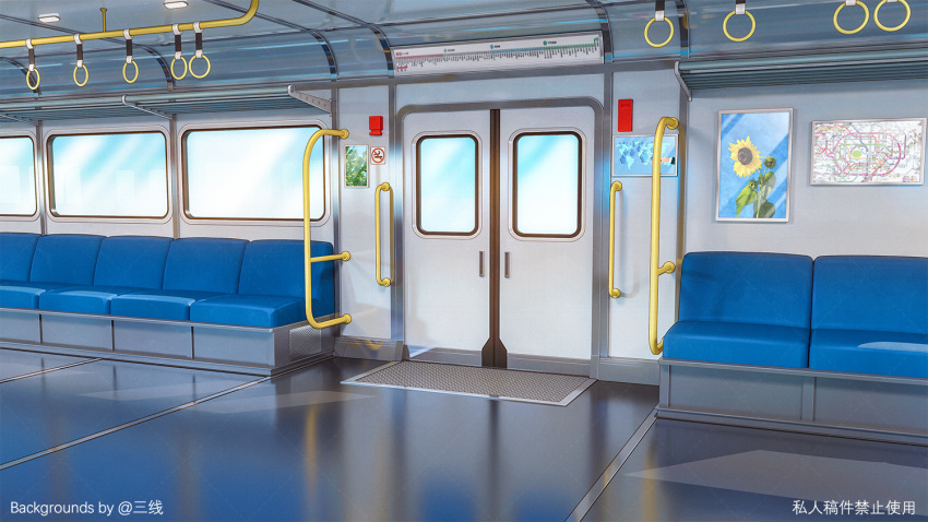 chair ground_vehicle hand_grip map no_humans no_smoking original picture_(object) sanxian_(wufs4222) scenery sliding_doors train train_interior window