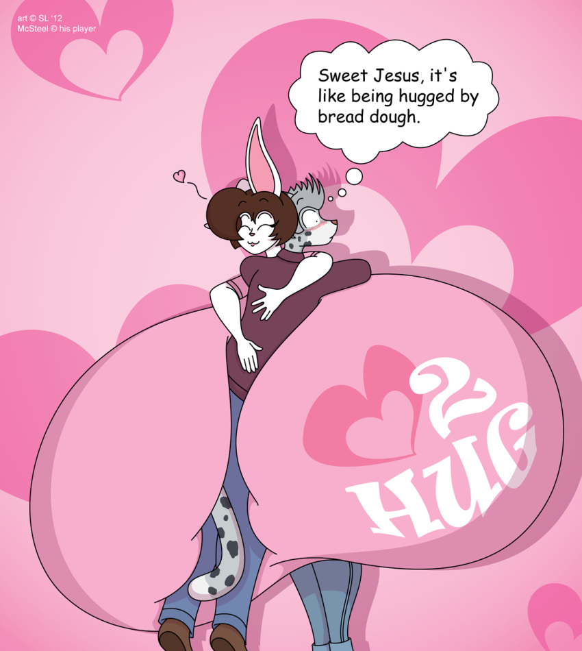 &lt;3 2012 anthro big_breasts blush bonnie_(satsumalord) bottomwear breasts brown_hair clothing copyright_symbol digital_media_(artwork) duo embrace english_text eyes_closed felid female footwear fur hair hi_res hug huge_breasts hyper hyper_breasts lagomorph leporid male mammal mcsteel_(character) pantherine pants rabbit satsumalord shirt shoes snow_leopard spots spotted_body spotted_fur symbol text text_on_clothing text_on_shirt text_on_topwear thought_bubble topwear white_body white_fur