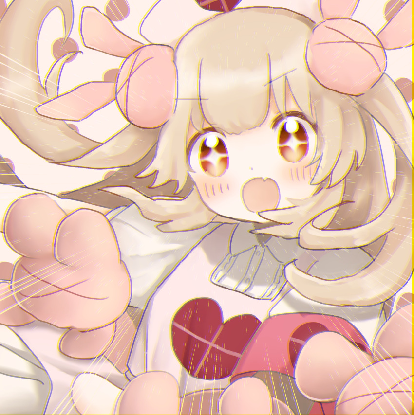 &gt;_&lt; 1girl apron armband blonde_hair blush collared_dress commentary_request dress fang hair_ornament hat heart heart_print highres long_hair looking_at_viewer motion_lines natori_sana neochiteshi nurse_cap open_mouth pink_apron pink_headwear puffy_short_sleeves puffy_sleeves rabbit_hair_ornament red_armband red_eyes sana_channel short_sleeves solo sparkling_eyes stuffed_animal stuffed_rabbit stuffed_toy two_side_up upper_body v-shaped_eyebrows virtual_youtuber white_dress