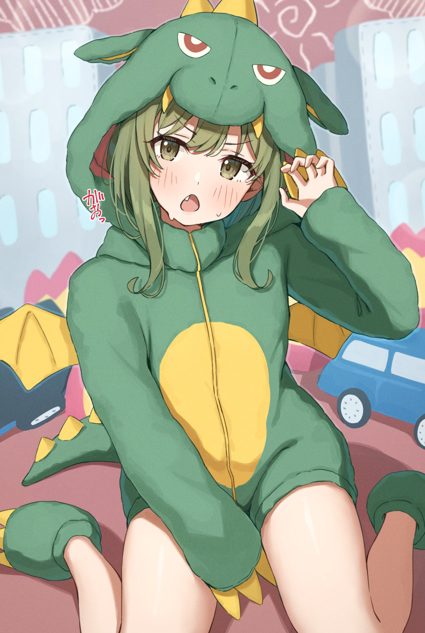 1girl absurdres blush dragon_hood embarrassed fang green_eyes grey_hair highres hood hoodie idolmaster idolmaster_shiny_colors indoors long_hair long_sleeves nanakusa_nichika open_mouth paw_pose sidelocks sitting solo tongue wanimaru