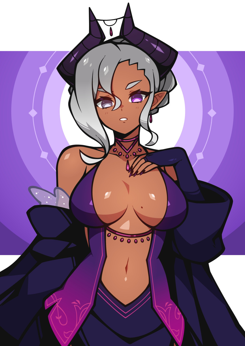 1girl absurdres bacon_strips breasts breasts_apart collarbone commission dangle_earrings dress earrings fingernails grey_eyes grey_hair hand_on_own_chest highres horns jewelry large_breasts mole mole_on_breast navel original parted_lips pointy_ears purple_dress purple_eyes purple_nails sharp_fingernails short_hair solo