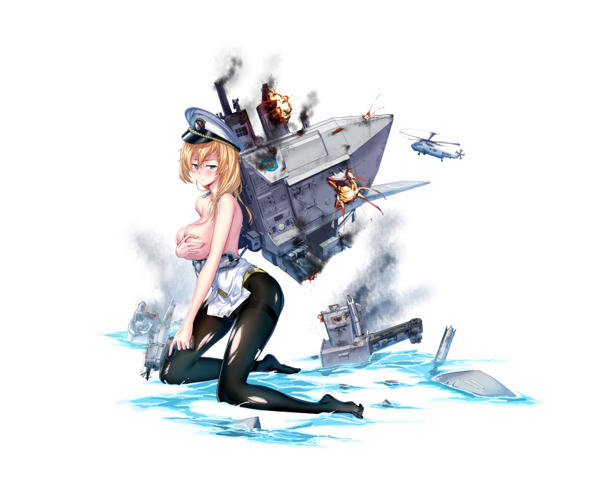 1girl absurdres aircraft areola_slip black_pantyhose blonde_hair blue_eyes breasts covering covering_breasts cruiser damaged explosion hair_between_eyes hair_over_shoulder hat helicopter highres hip_vent jacket large_breasts machinery military military_uniform military_vehicle miniskirt missile onceskylark original pantyhose peaked_cap personification ship skirt smokestack solo torn_clothes torn_jacket torn_pantyhose uniform united_states_navy uss_chicago_(ca-136) warship watercraft white_headwear white_jacket white_skirt