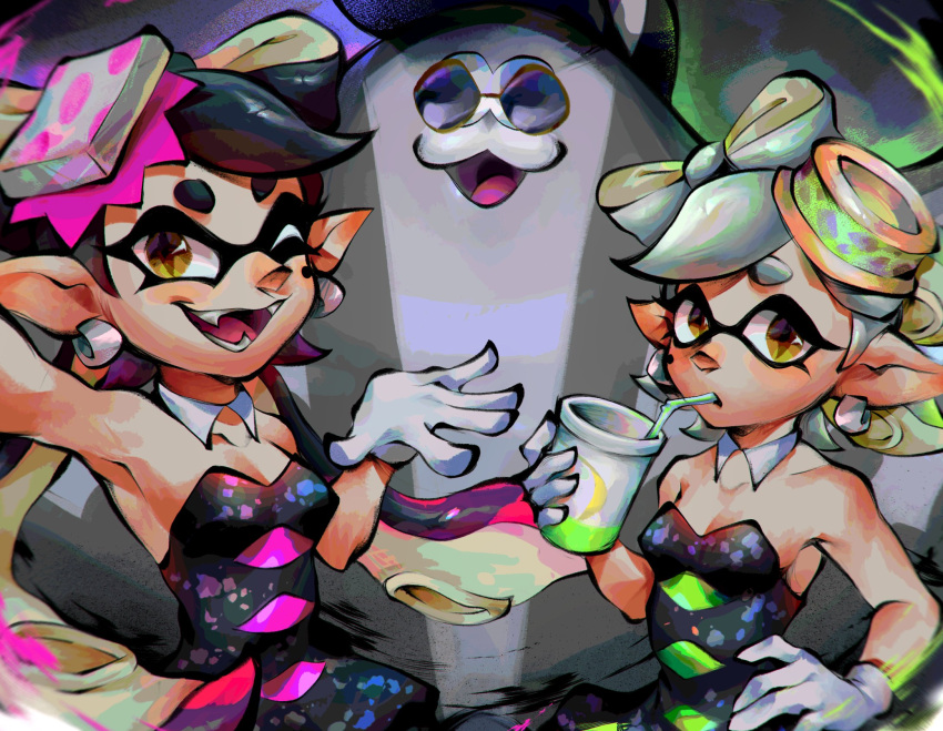 :3 animal_humanoid anthro batoid black_hair callie_(splatoon) cephalopod cephalopod_humanoid eyewear female fish grey_body group hair hi_res humanoid ian_bgm idol inkling kchan456 male manta_ray marie_(splatoon) marine marine_humanoid mollusk mollusk_humanoid nintendo smile speckled_body splatoon stingray sunglasses trio white_hair