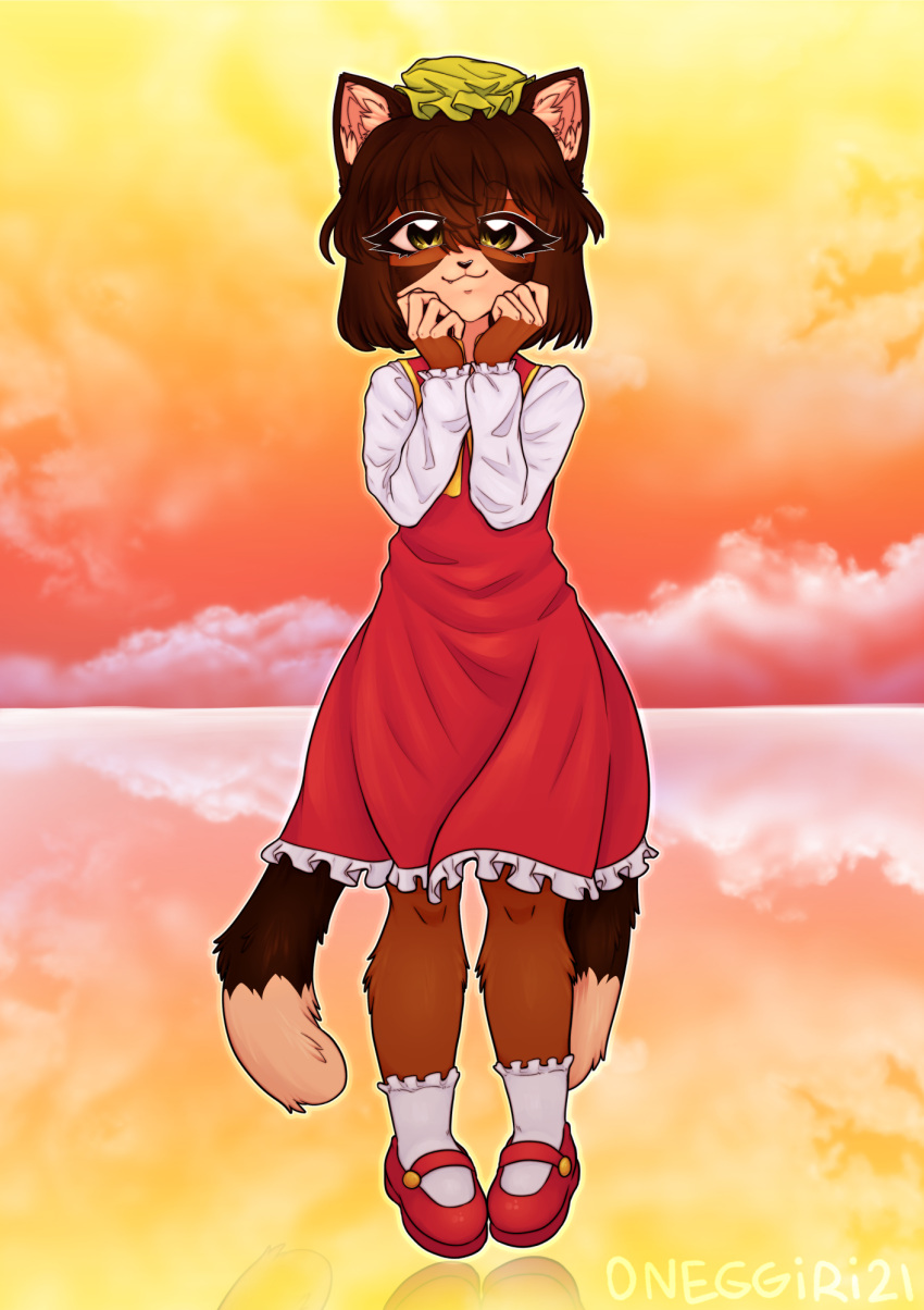 2021 2_tails anthro bangs bonnet brown_body brown_fur brown_hair chen_(touhou) clothed clothing cloud cosplay digital_drawing_(artwork) digital_media_(artwork) domestic_cat dress eyelashes felid feline felis female footwear frilly frilly_clothing frilly_dress frilly_socks full-length_portrait fur green_clothing green_eyes green_headwear hair headgear headwear hi_res humanoid_hands looking_at_viewer mammal multi_tail oneggiri portrait red_clothing red_dress red_footwear red_shoes shaded shoes smile socks soft_shading solo standing tail tan_body tan_fur touhou white_clothing white_footwear white_socks