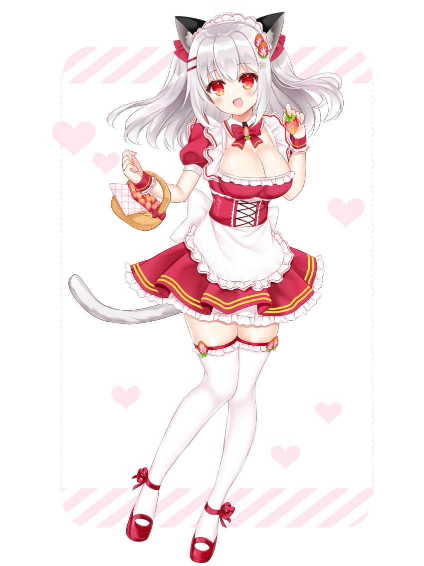 1girl :d animal_ears apron breasts cat_ears cat_girl cat_tail cleavage diagonal_stripes dress food frilled_apron frilled_thighhighs frills fruit full_body grey_hair hair_ornament hairclip heart highres holding holding_food large_breasts long_hair looking_at_viewer maid maid_headdress original pleated_dress puffy_short_sleeves puffy_sleeves red_dress red_eyes red_footwear shikito shoes short_sleeves simple_background smile solo strawberry striped striped_background tail thighhighs two_side_up white_apron white_background white_thighhighs