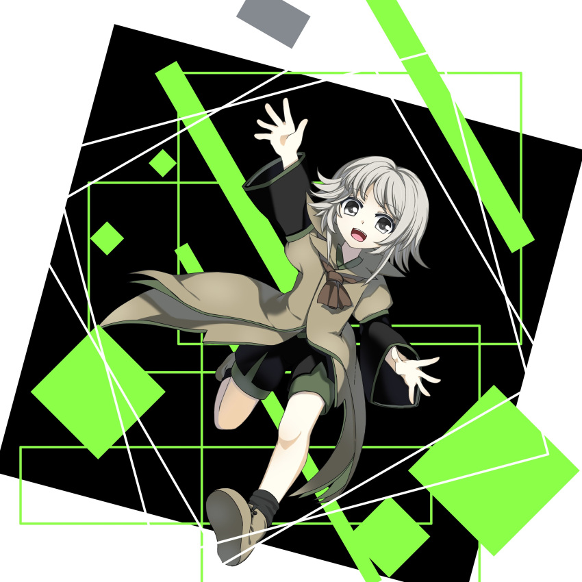 1other absurdres androgynous anmita_(rarutos) arm_up ascot black_socks brown_ascot brown_coat brown_footwear coat full_body green_shorts grey_eyes grey_hair highres houlen_yabusame layered_sleeves len'en long_sleeves medium_hair open_mouth other_focus running_towards_viewer short_over_long_sleeves short_sleeves shorts smile socks solo teeth upper_teeth_only
