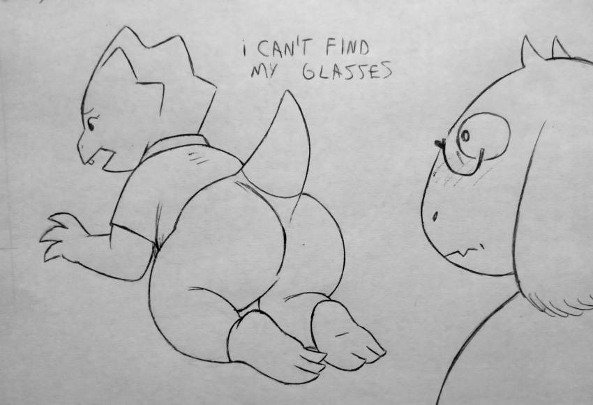 2023 absurd_res all_fours alphys anthro blush boss_monster bovid butt caprine chubby_female deltarune dialogue duo english_text female goat hi_res looking_at_butt mammal mature_female monochrome perrox reptile scalie text toriel traditional_media_(artwork) undertale undertale_(series)