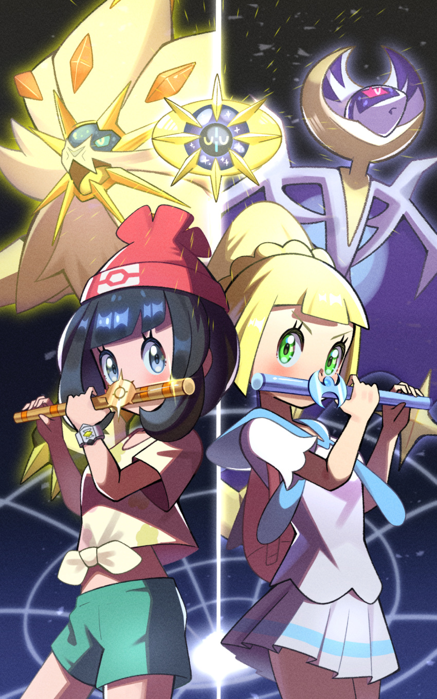 2girls backpack bag beanie black_background black_hair blonde_hair blue_eyes blue_sclera bracelet closed_eyes colored_sclera commentary_request cosmoem diagonal_bangs eyelashes floating green_eyes green_shorts hat highres inana_umi jewelry lillie_(pokemon) lunala medium_hair moon_flute_(pokemon) multiple_girls open_mouth pink_sclera playing_flute pleated_skirt pokemon pokemon_(creature) pokemon_sm red_headwear selene_(pokemon) short_hair shorts skirt solgaleo sun_flute_(pokemon) white_skirt wings