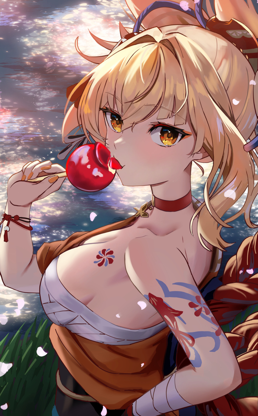 1girl absurdres arm_tattoo bandaged_arm bandages blonde_hair blush breasts butterfly_choker candy_apple chest_sarashi chest_tattoo choker cleavage fingerless_gloves fireworks fish_tattoo flower_tattoo food genshin_impact gloves hadanugi_dousa hair_ornament highres holding holding_food janome_yuiwa japanese_clothes kimono large_breasts looking_at_viewer orange_kimono ponytail red_choker sarashi single_fingerless_glove solo tattoo yellow_eyes yoimiya_(genshin_impact)