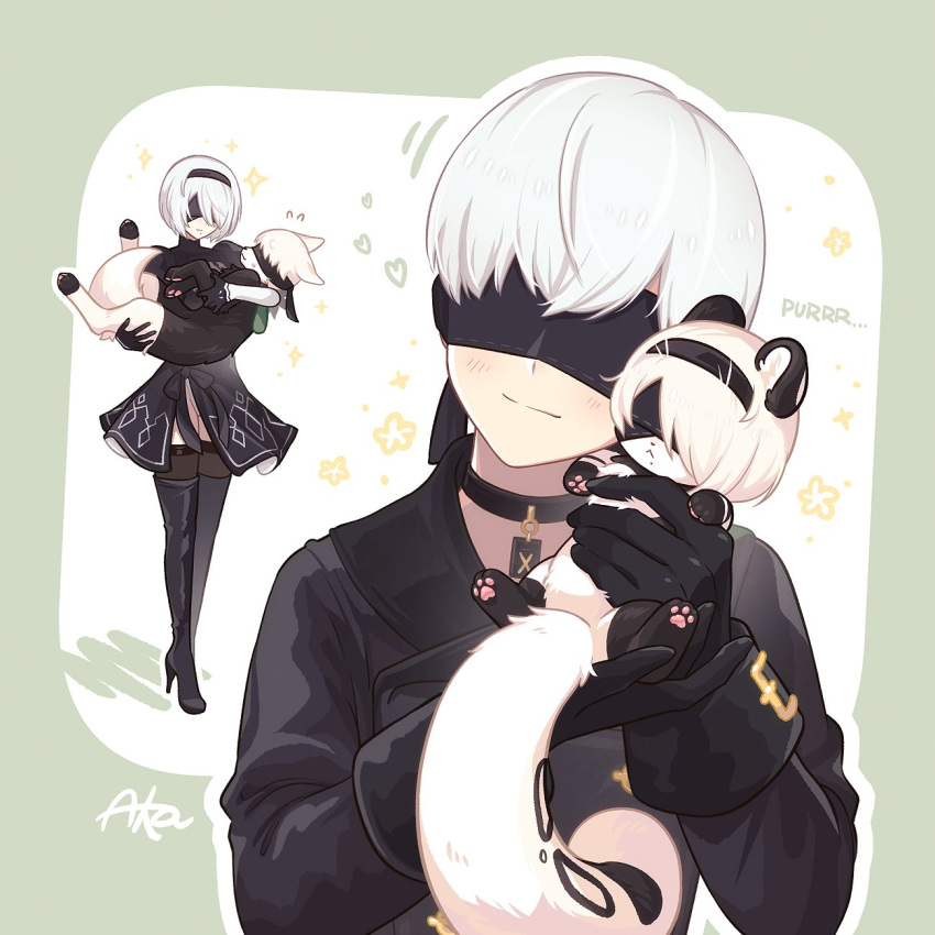 1boy 1girl black_blindfold black_hairband blindfold boots choker covered_eyes dog dual_persona feather-trimmed_sleeves feather_trim furrification furry hairband highres juliet_sleeves leotard long_sleeves missaka mole mole_under_mouth nier:automata nier_(series) puffy_sleeves short_hair snow_leopard thighhighs thighhighs_under_boots white_leotard yorha_no._2_type_b yorha_no._9_type_s