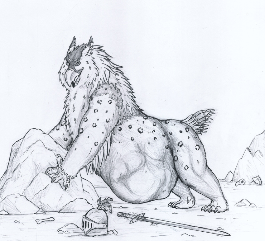 after_vore beak bone dungeons_and_dragons feral feral_pred hasbro hi_res knight_helmet looking_at_belly male male_pred melee_weapon owlbear rock skull sword thatgryphonguy traditional_media_(artwork) vore weapon wizards_of_the_coast