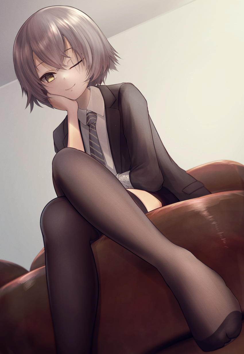 1girl absurdres alternate_hair_length alternate_hairstyle black_necktie brown_eyes brown_hair brown_jacket brown_pantyhose closed_mouth collared_shirt couch crossed_legs foot_out_of_frame girls'_frontline girls'_frontline_2:_exilium guchagucha hand_on_own_cheek hand_on_own_face highres indoors jacket legs long_sleeves looking_at_viewer necktie no_shoes one_eye_closed pantyhose scar scar_across_eye shirt short_hair sitting smile solo ump45_(girls'_frontline) white_shirt