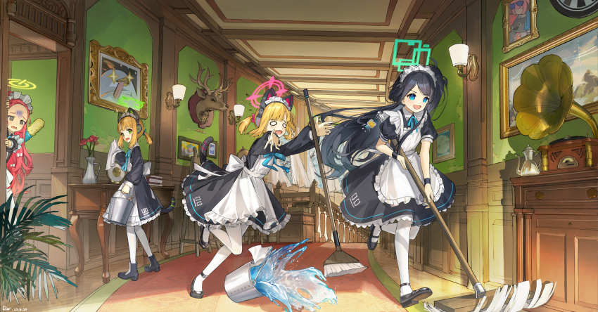4girls @_@ absurdres alternate_costume animal_ear_headphones animal_ears apron aris_(blue_archive) aris_(maid)_(blue_archive) black_dress black_footwear black_hair black_wristband blonde_hair blue_archive blue_eyes blue_ribbon book book_stack boots bucket bucket_of_water bucket_spill cat_ear_headphones cat_tail chinese_commentary cleaning commentary_request deer_head dor_m dress facing_viewer fake_animal_ears flower frilled_dress frills full_body game_development_department_(blue_archive) green_halo hallway halo headphones hiding highres holding holding_bucket holding_mop indoors long_hair looking_ahead looking_at_another looking_back low_ponytail maid maid_apron maid_headdress midori_(blue_archive) momoi_(blue_archive) mop multiple_girls neck_ribbon official_alternate_costume open_mouth pantyhose phonograph picture_frame puffy_short_sleeves puffy_sleeves red_hair red_halo ribbon running short_hair short_sleeves side_ponytail sidelocks smile spill standing table tail two_side_up white_apron white_pantyhose yellow_halo yuzu_(blue_archive)