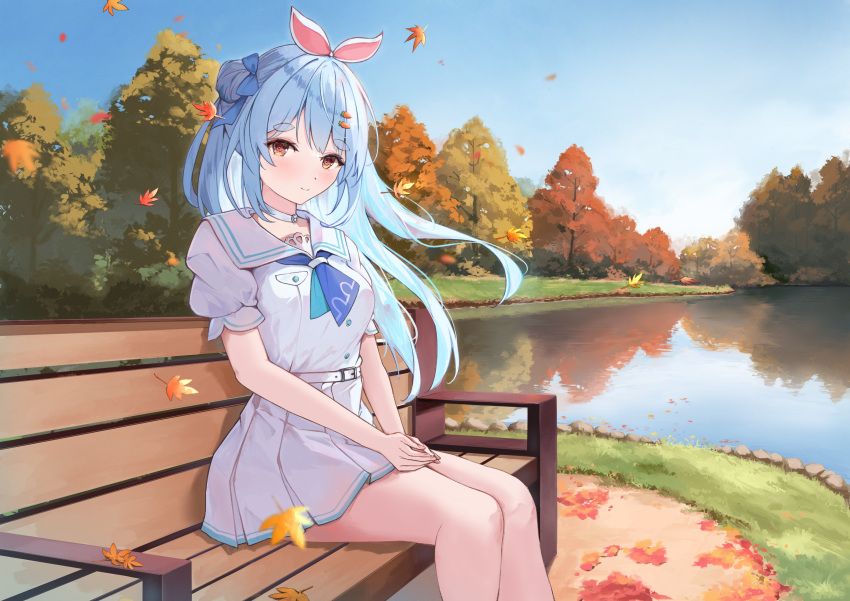 1girl absurdres animal_ears autumn autumn_leaves blue_hair blush carrot_hair_ornament coat dress food-themed_hair_ornament hair_bun hair_ornament highres hololive lake long_hair looking_at_viewer official_alternate_costume on_bench orange_eyes rabbit_ears sailor_collar sailor_dress short_eyebrows single_hair_bun sitting sitting_on_bench smile solo taikoi7 tied_ears usada_pekora usada_pekora_(4th_costume) virtual_youtuber white_coat white_dress white_sailor_collar