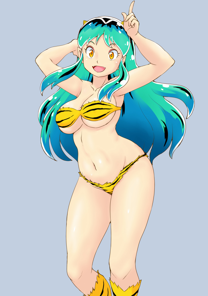 1girl :d animal_print bikini breasts commentary_request fang green_hair grey_background highres horns index_finger_raised long_hair looking_at_viewer lum medium_breasts navel open_mouth print_bikini simple_background smile solo standing swimsuit tiger_print tof urusei_yatsura yellow_bikini yellow_eyes yellow_horns