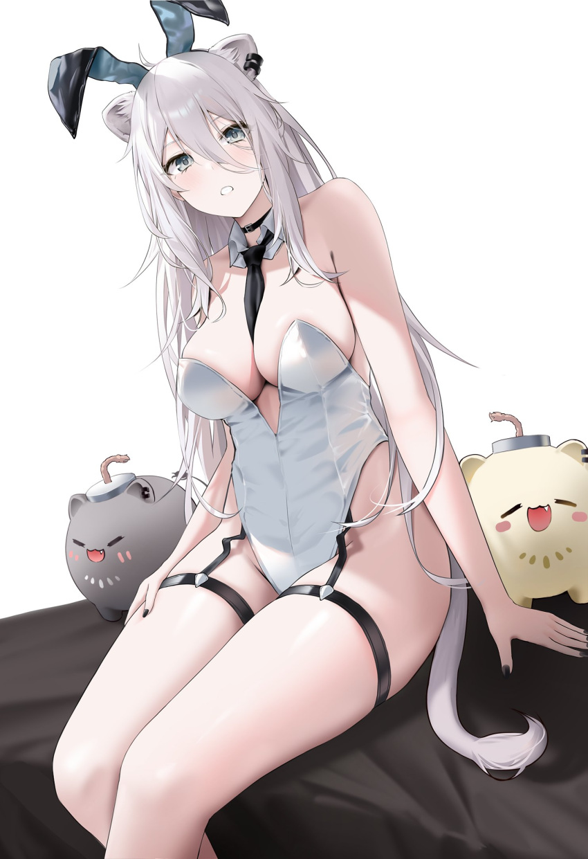 1girl ahoge animal_ear_fluff animal_ears bare_shoulders between_breasts black_choker black_nails black_necktie breasts choker detached_collar garter_straps grey_eyes hair_between_eyes highleg highleg_leotard highres hololive large_breasts leotard lion_ears lion_girl lion_tail long_bangs long_hair looking_at_viewer necktie necktie_between_breasts parted_lips shishiro_botan sitting ssrb_(shishiro_botan) tail thigh_strap thighs very_long_hair virtual_youtuber wanne wavy_hair white_hair white_leotard