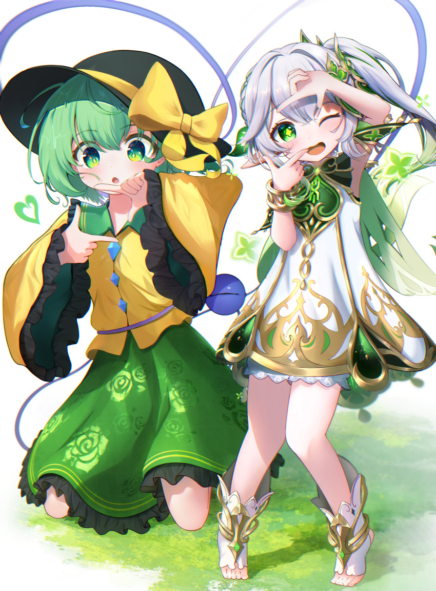 2girls :o ;d absurdres black_headwear bloomers blouse blurry blush bow bright_pupils cape cross-shaped_pupils crossover depth_of_field dress eyeball finger_frame floral_print frilled_shirt_collar frilled_sleeves frills genshin_impact gradient_hair green_cape green_eyes green_hair green_skirt hair_between_eyes hair_ornament hat hat_bow hat_ribbon heart heart_hair_ornament heart_of_string highres kneeling knees_together_feet_apart komeiji_koishi leaf_hair_ornament long_sleeves looking_at_viewer multicolored_hair multiple_girls nahida_(genshin_impact) on_grass one_eye_closed open_mouth pointy_ears ribbon rose_print shirt shoes short_hair side_ponytail skirt sleeveless sleeveless_dress smile standing stirrup_footwear symbol-shaped_pupils third_eye toeless_footwear touhou two-tone_hair underwear white_bloomers white_dress white_hair wide_sleeves yellow_bow yellow_ribbon yellow_shirt