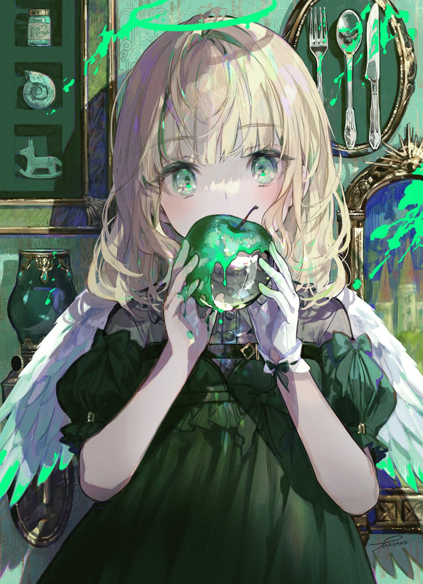 1girl angel_wings apple black_dress blonde_hair blood blunt_bangs commentary_request cutlery dress food fruit fuzichoco gloves green_blood green_eyes halo highres long_hair looking_at_viewer original puffy_short_sleeves puffy_sleeves short_sleeves single_glove solo upper_body white_gloves wings