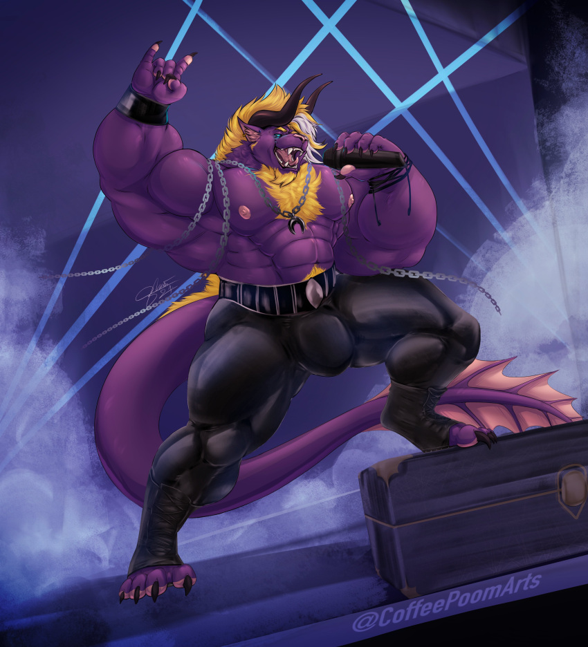 2021 2_horns 4_toes abs absurd_res anthro artist_name back_mane basso_buffo behemoth_(ff) belt biceps blonde_hair blue_eyes bottomwear bulge chain chest_(container) chest_tuft claws clothing coffeepoomarts coffeepoompoom concert digitigrade facial_hair feet final_fantasy finger_claws footwear fur goatee hair hi_res horn leather leather_bottomwear leather_clothing leather_pants male microphone muscular_thighs nipples obliques open_mouth pants pecs performance performer pink_nipples pubes purple_body purple_fur shoes signature singer singing smoke solo square_enix strobe_lights toe_claws toeless_footwear toeless_shoes toes tuft twitter_handle watermark white_hair wristband