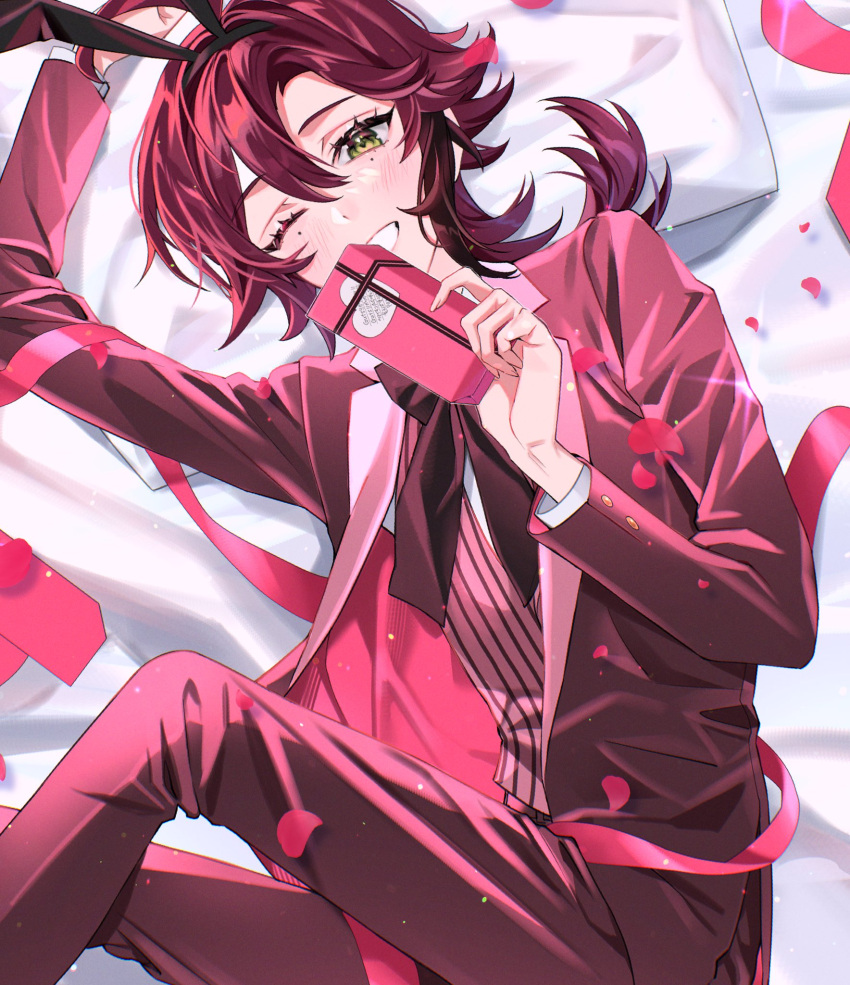 1boy animal_ears blazer blush fake_animal_ears formal genshin_impact gift green_eyes highres holding holding_gift jacket long_hair low_ponytail male_focus mole mole_under_eye multicolored_hair one_eye_closed pants pillow pink_jacket pink_pants pink_vest rabbit_ears red_hair renibo_(mo0o0ep) shikanoin_heizou solo streaked_hair striped striped_vest suit valentine vertical-striped_vest vertical_stripes vest