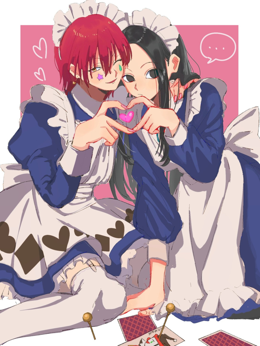 ... 2boys ;) apron black_eyes black_hair blue_dress border card crossdressing dress facial_mark feet_out_of_frame fingernails frilled_dress frills hair_down hand_on_another's_shoulder heart heart_hands highres hisoka_morow hunter_x_hunter illumi_zoldyck joker_(card) long_hair looking_at_viewer maid maid_apron maid_headdress male_focus multiple_boys one_eye_closed pink_background playing_card red_hair short_hair sitting smile speech_bubble thicopoyo white_border yellow_eyes