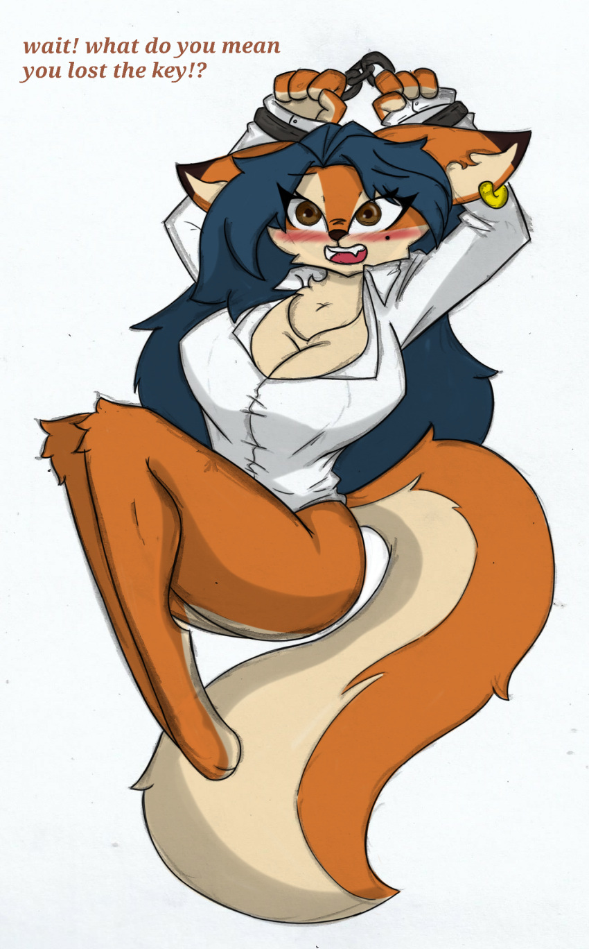 anthro big_breasts blush bottomless breasts carmelita_fox cleavage clothed clothing cuff_(restraint) english_text female fluffy fluffy_tail handcuffed handcuffs hi_res metal_cuffs pace-maker restraints sly_cooper_(series) small_waist solo sony_corporation sony_interactive_entertainment sucker_punch_productions tail text wide_hips