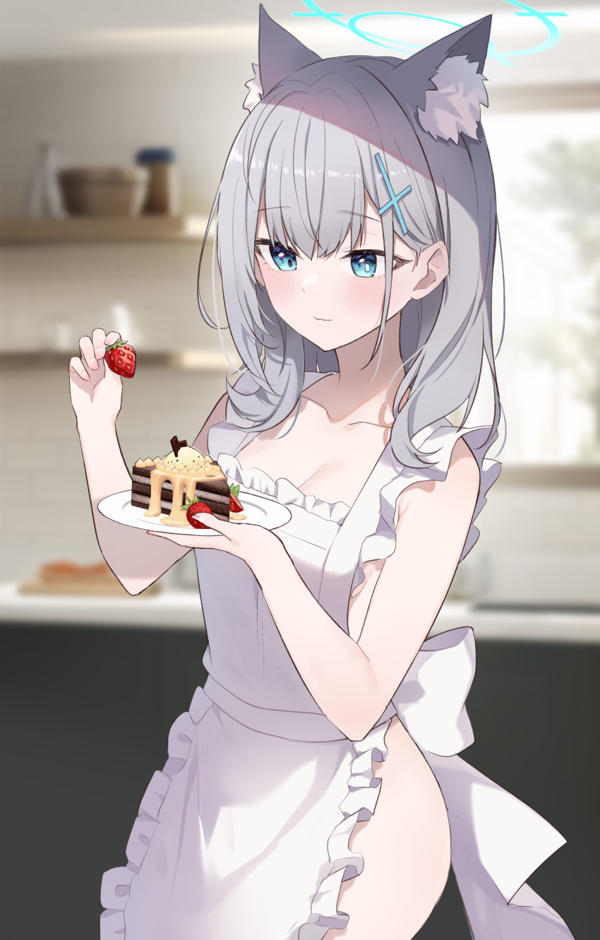 1girl absurdres animal_ear_fluff animal_ears apron bare_arms blue_archive blue_eyes blurry blurry_background blush breasts cake cake_slice cleavage closed_mouth collarbone commentary_request depth_of_field food frilled_apron frills fruit goyain grey_hair hair_between_eyes hair_ornament halo highres holding holding_food holding_plate indoors long_hair looking_away medium_breasts naked_apron plate shiroko_(blue_archive) solo strawberry white_apron