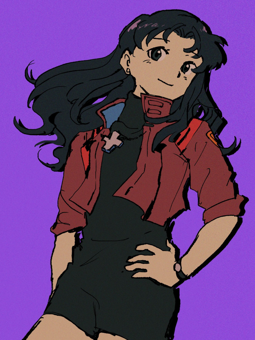 1girl cross cross_necklace earrings highres jacket jewelry katsuragi_misato necklace neon_genesis_evangelion purple_background purple_hair red_jacket shiso7110 simple_background smile solo watch