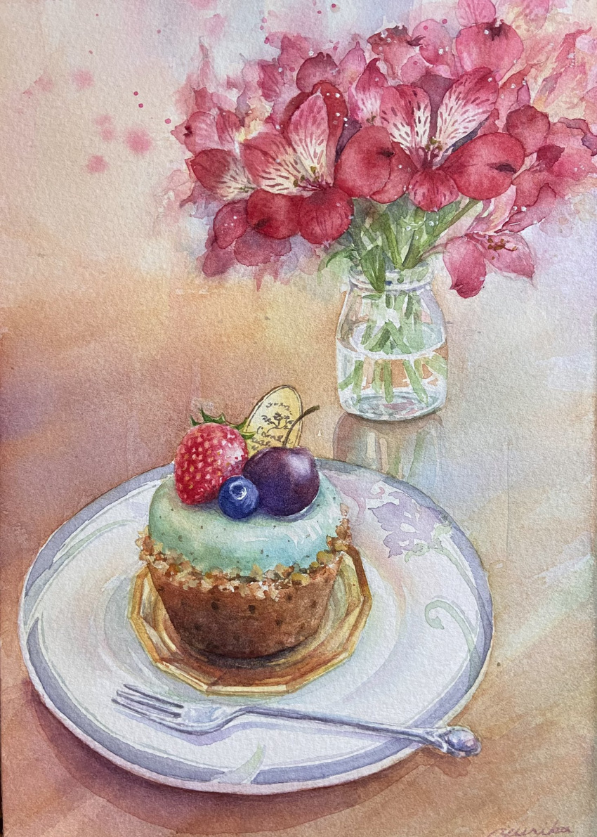 berry cake cupcake cutlery flower food fork fruit highres jar leaf no_humans ooy33151086 original painting_(medium) plant plate realistic red_flower signature still_life traditional_media water watercolor_(medium)