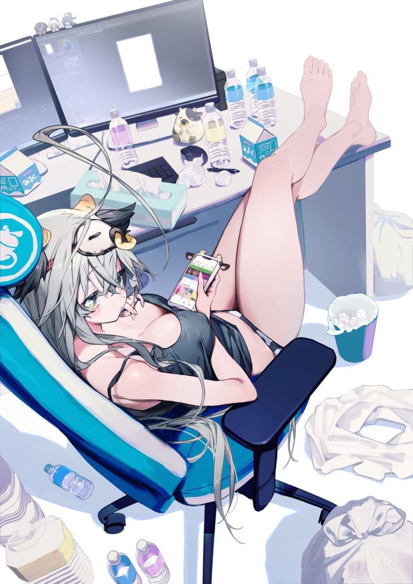 1girl barefoot blush breasts bukurote cellphone chair cleavage covered_nipples crossed_legs desk grey_eyes grey_hair highres holding holding_phone horns keyboard_(computer) long_hair looking_at_viewer monitor mouse_(computer) original panties phone plastic_bottle sitting sleep_mask smartphone solo tank_top tissue_box trash_can underwear used_tissue very_long_hair