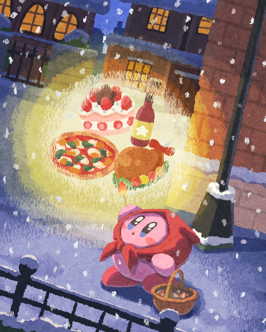 basket bottle building cake cake_slice fence food fruit head_scarf highres holding kirby kirby_(series) lamppost little_match_girl meat miclot night no_humans outdoors snow snowing strawberry